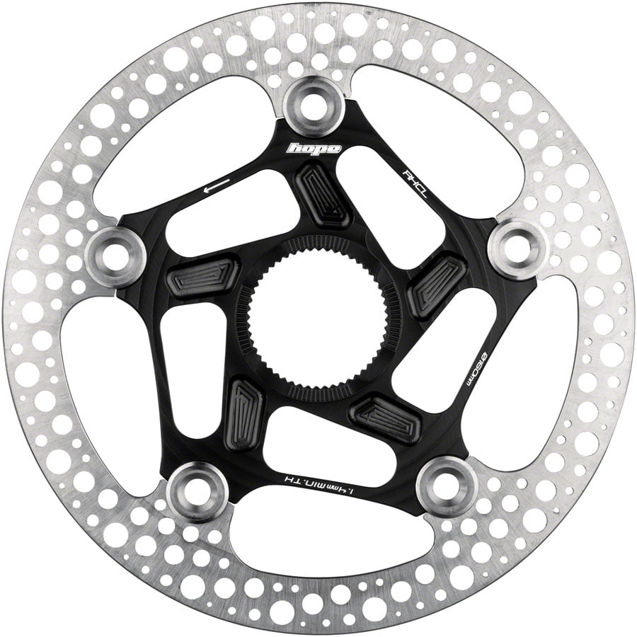 Black and silver 140mm Hope RX Road Centrelock floating disc rotor featuring a lightweight design with multiple holes for heat dissipation and a distinctive star-shaped pattern.