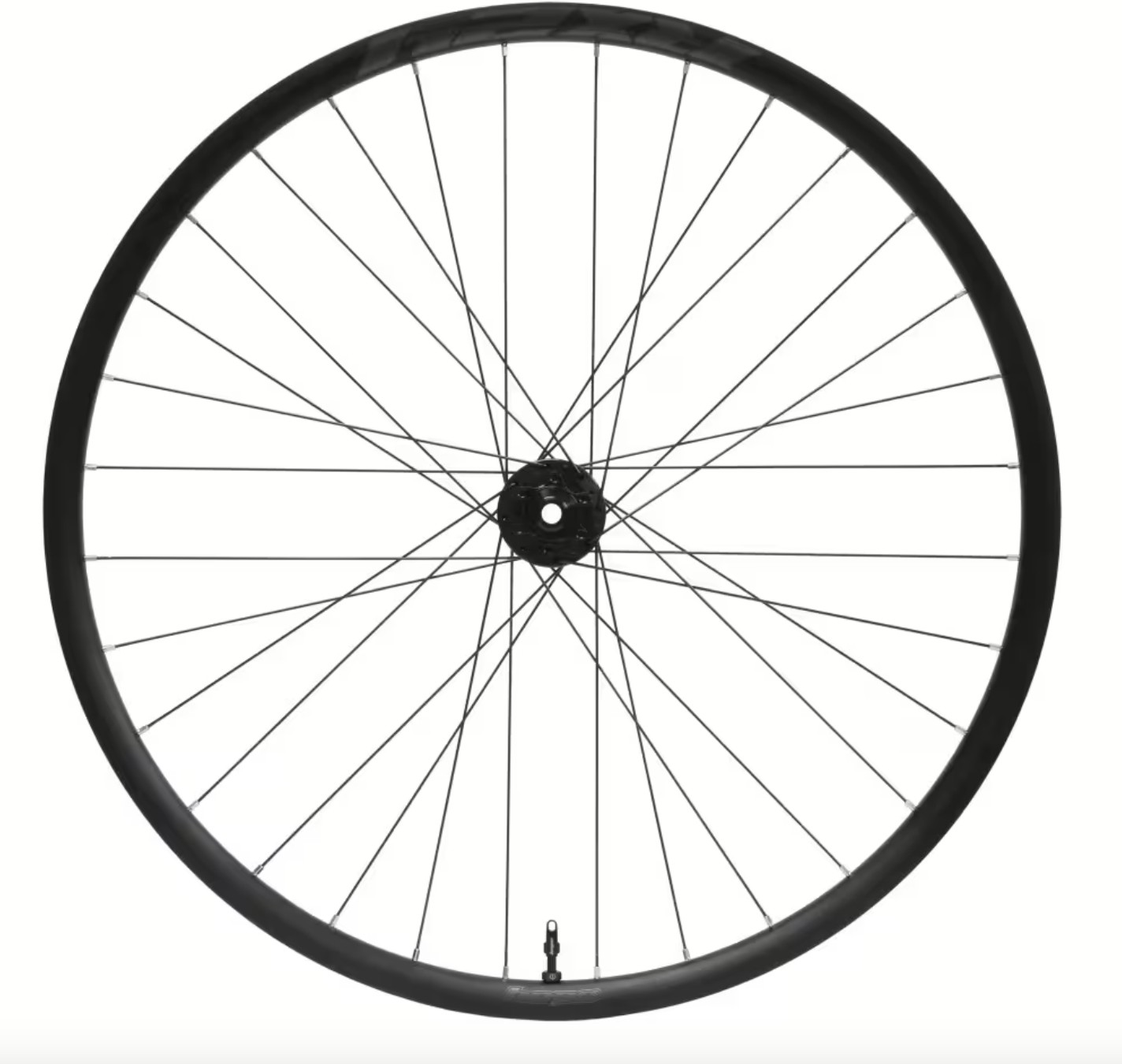 Black 700c front wheel with 28 spokes, featuring a Centrelock hub and a 100 x 12mm axle, designed for gravel biking.
