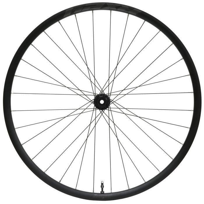 Black 700c front wheel with 32 spokes, featuring a Centrelock hub and a 100 x 12mm axle, designed for gravel cycling.