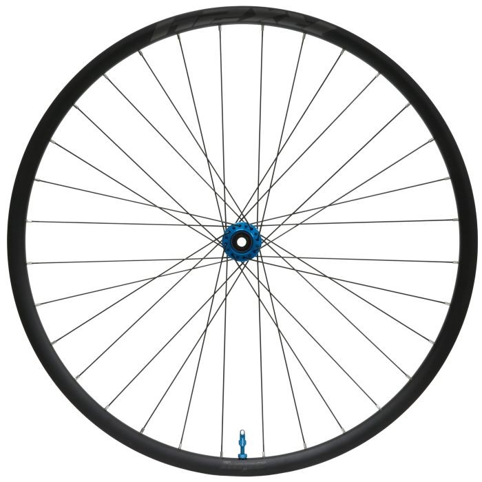 Hope RX24 Pro 5 Centrelock gravel front wheel featuring a sleek black rim, blue hub, and 32 spokes, designed for 700c tires with a 100 x 12mm axle configuration.