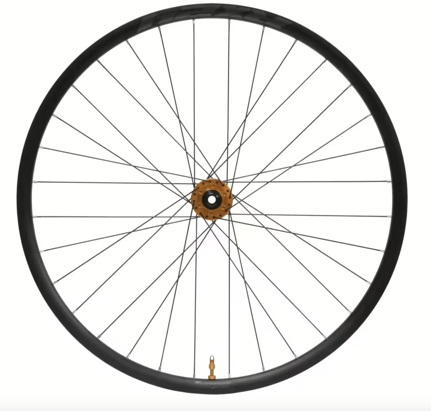 Hope RX24 Pro 5 Centrelock Gravel 700c front wheel features a black rim, orange hub, 28 spokes, and a 100 x 12mm axle, designed for durability and performance.