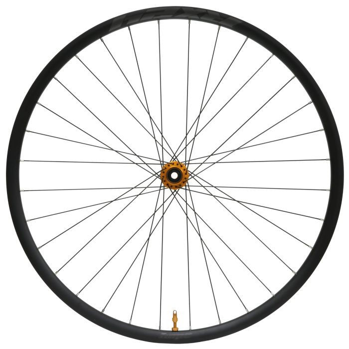 Hope RX24 Pro 5 Centrelock gravel front wheel in orange, featuring a 700c size, 32 spokes, and a 100 x 12mm hub, with a sleek black rim and gold valve.