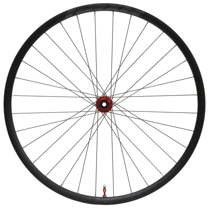 Hope RX24 Pro 5 Centrelock gravel front wheel features a black rim with red hub, 24 spokes, and a 100 x 12mm axle, designed for 700c tires.