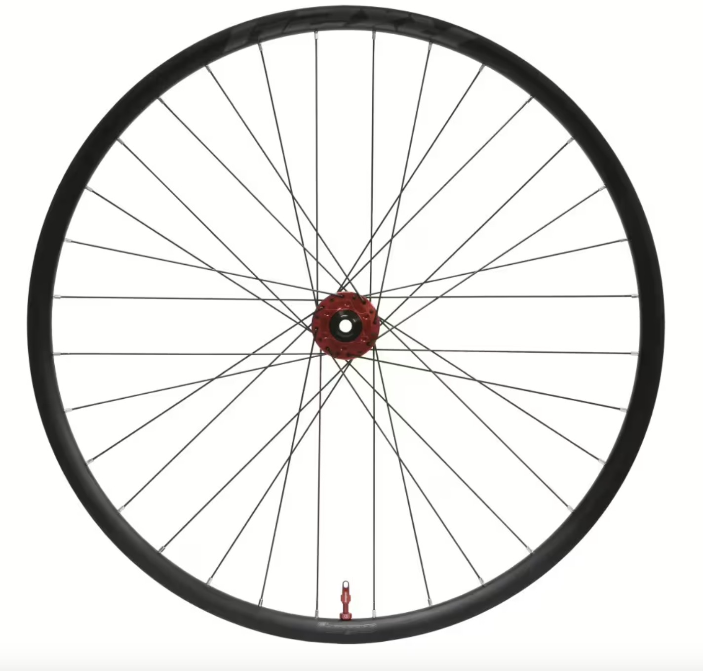Hope RX24 Pro 5 Centrelock gravel front wheel features a sleek black rim, red hub, 28 spokes, and a 100 x 12mm axle size, designed for 700c tires.