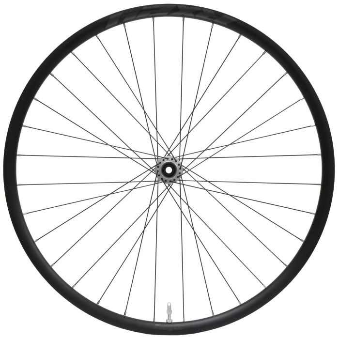 Silver 700c front wheel with 24 spokes, featuring a Centrelock hub and a 100 x 12mm axle, designed for gravel biking.