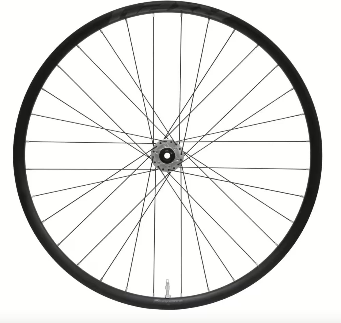 Silver 700c front wheel with a 28-hole design, featuring a Centrelock hub and a 100 x 12mm axle, designed for gravel biking.