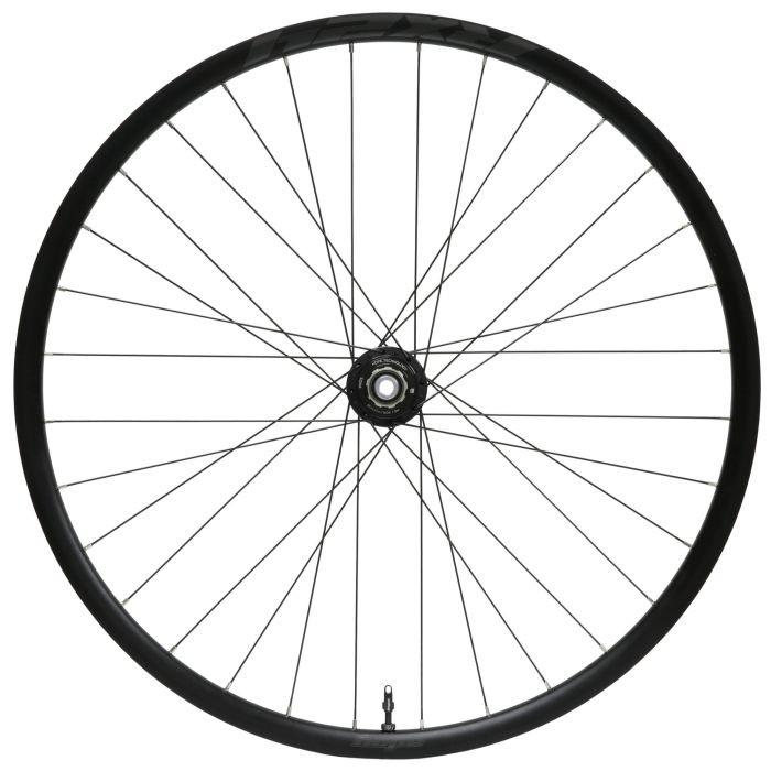 Black 700c gravel rear wheel featuring a Centrelock design, Shimano MicroSpline compatibility, 28 spokes, and a 142 x 12mm axle configuration.