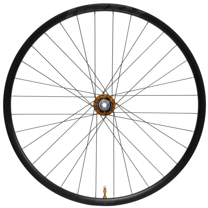 Hope RX24 Pro 5 Centrelock gravel rear wheel features a black rim, orange Shimano MicroSpline hub, 24 spokes, and a 700c size, designed for 142 x 12mm axle compatibility.