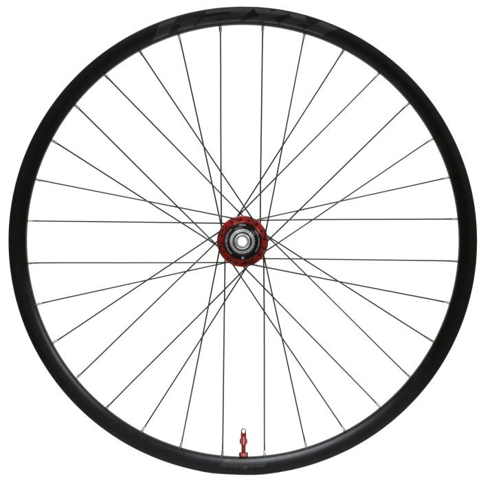 Hope RX24 Pro 5 Centrelock gravel rear wheel features a sleek black rim, red hub, 28 spokes, and Shimano MicroSpline compatibility, designed for 700c tires with a 142 x 12mm axle.