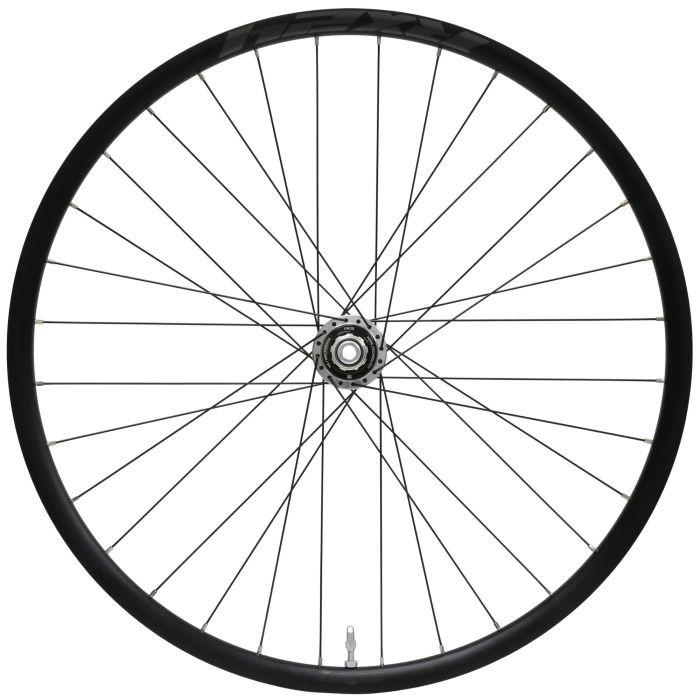 Silver 700c gravel rear wheel featuring a Centrelock design, Shimano MicroSpline compatibility, 28 spokes, and a 142 x 12mm axle size.