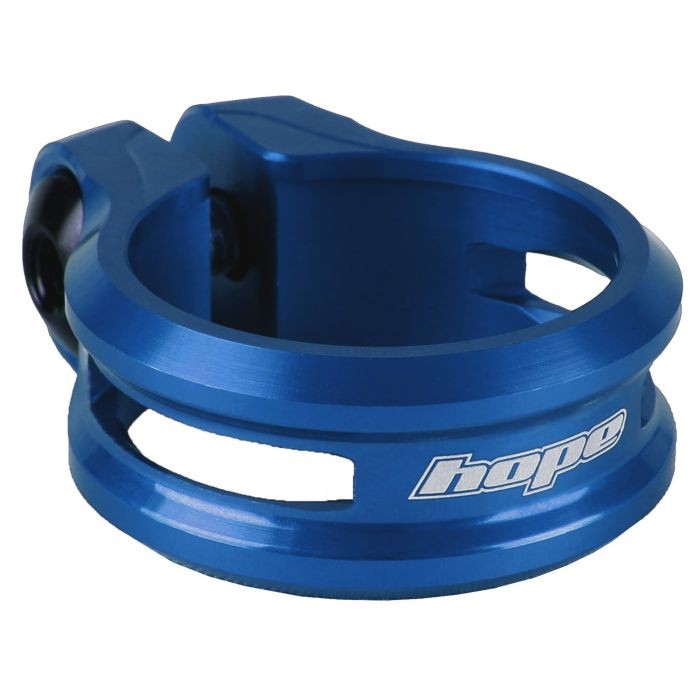 Blue anodized aluminum seat clamp bolt with a 31.8mm diameter, featuring a sleek design and the "hope" logo prominently displayed.