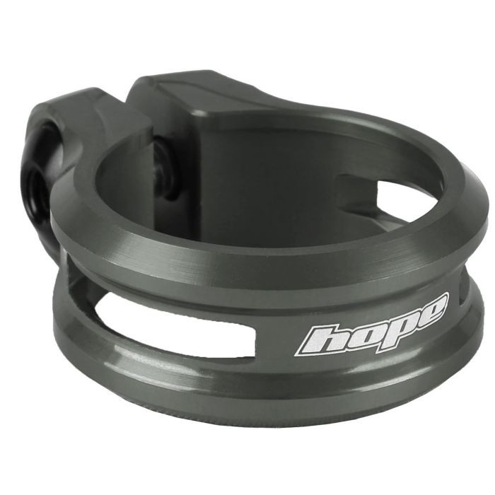 Smoke-colored aluminum seat clamp bolt with a 34.9mm diameter, featuring a sleek design and the "hope" logo prominently displayed.