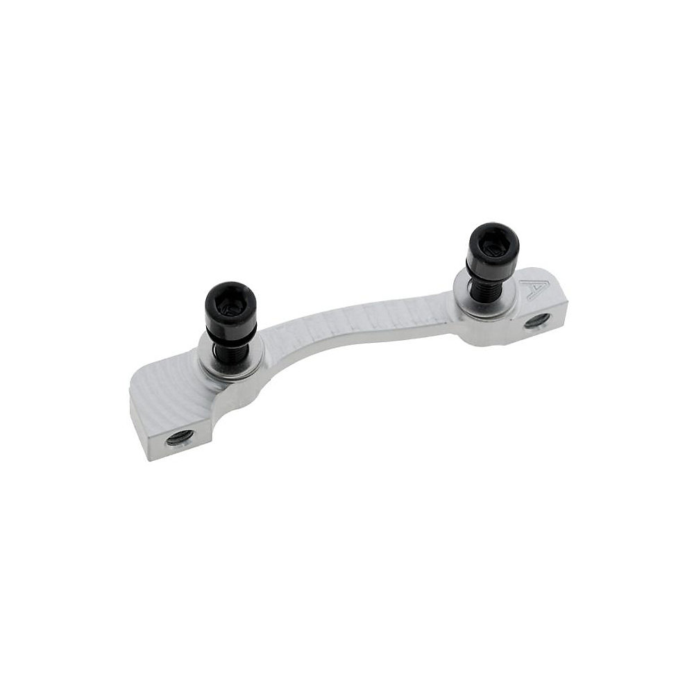 Silver aluminum caliper adapter mount with a textured surface, designed for 220mm post mount to 203mm caliper compatibility, featuring two black mounting bolts.