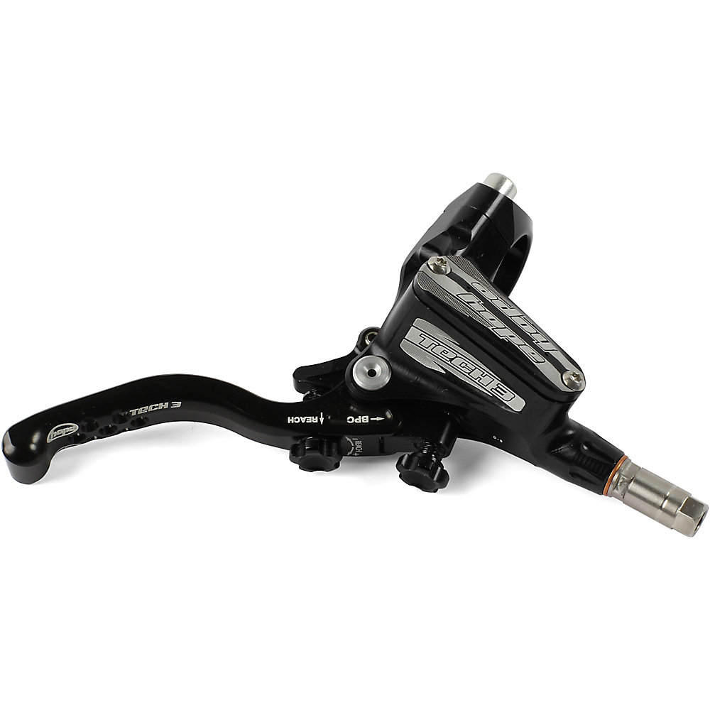 Right-hand black master cylinder lever from Hope, featuring a sleek aluminum design, adjustable reach, and a prominent "Tech 3" logo for enhanced braking performance.