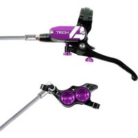 Purple and black Hope Tech 4 E4 brake set with braided hose, featuring a sleek lever and dual-piston caliper.