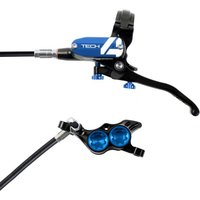 Black and blue Hope Tech 4 E4 hydraulic disc brake with front right hand lever and dual piston caliper.