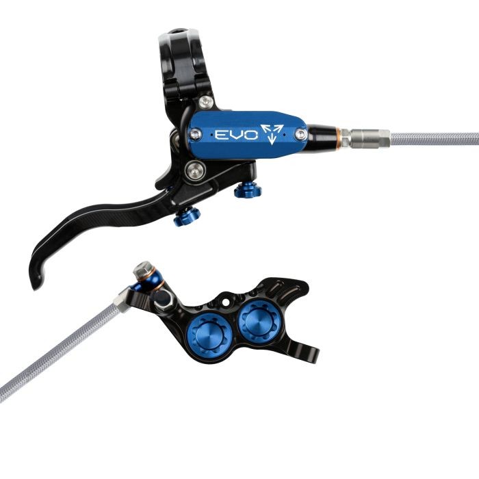 Black and blue Hope Tech 4 EVO GR4 hydraulic disc brake featuring a braided hose, adjustable lever, and dual blue adjustment knobs, designed for front right-hand use.