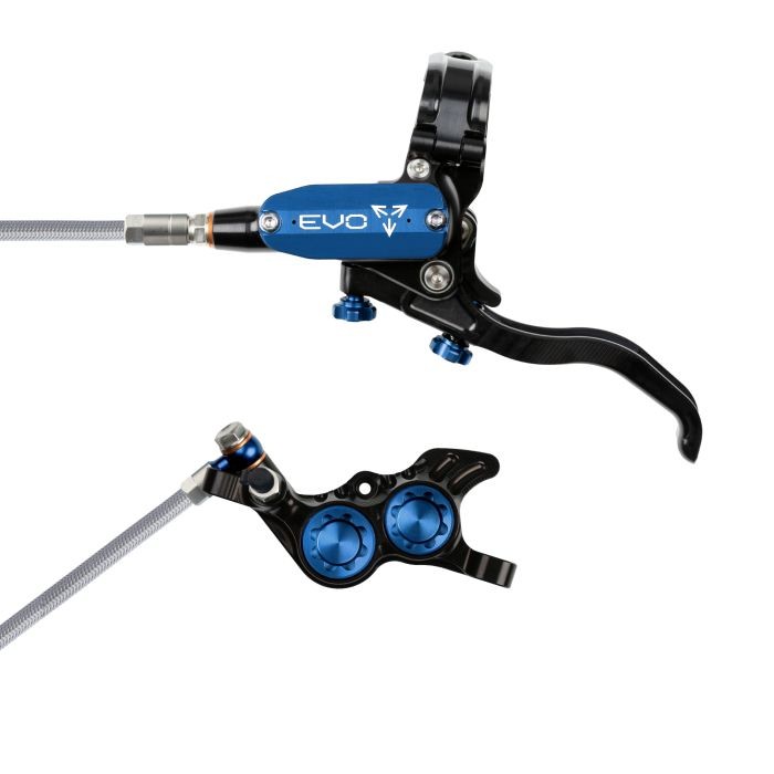Hope Tech 4 EVO GR4 hydraulic disc brake in black and blue, featuring a braided hose, adjustable lever, and dual blue adjustment knobs for rear left-hand installation.