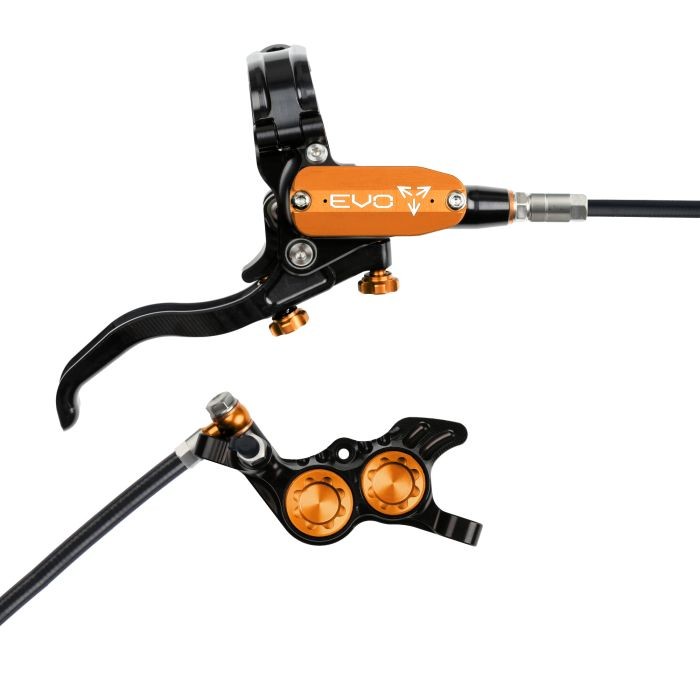 Hope Tech 4 EVO GR4 hydraulic disc brake features a black and orange design with a sleek lever, adjustable reach, and a dual piston caliper for enhanced braking performance.