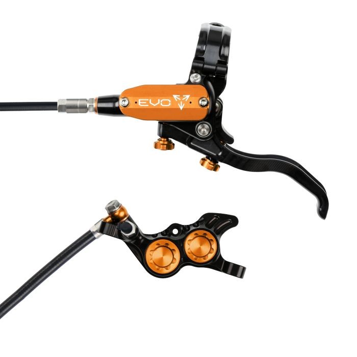 Hope Tech 4 EVO GR4 hydraulic disc brake in black and orange, featuring a sleek lever, adjustable reach, and a compact caliper with dual piston design.