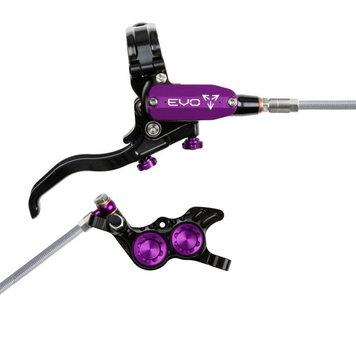 Black and purple Hope Tech 4 EVO GR4 hydraulic disc brake features a braided hose, a sleek lever, and adjustable reach knobs, designed for front right-hand use.
