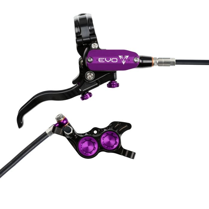 Black and purple Hope Tech 4 EVO GR4 hydraulic disc brake features a sleek lever, adjustable reach, and dual piston caliper, designed for front right-hand use.