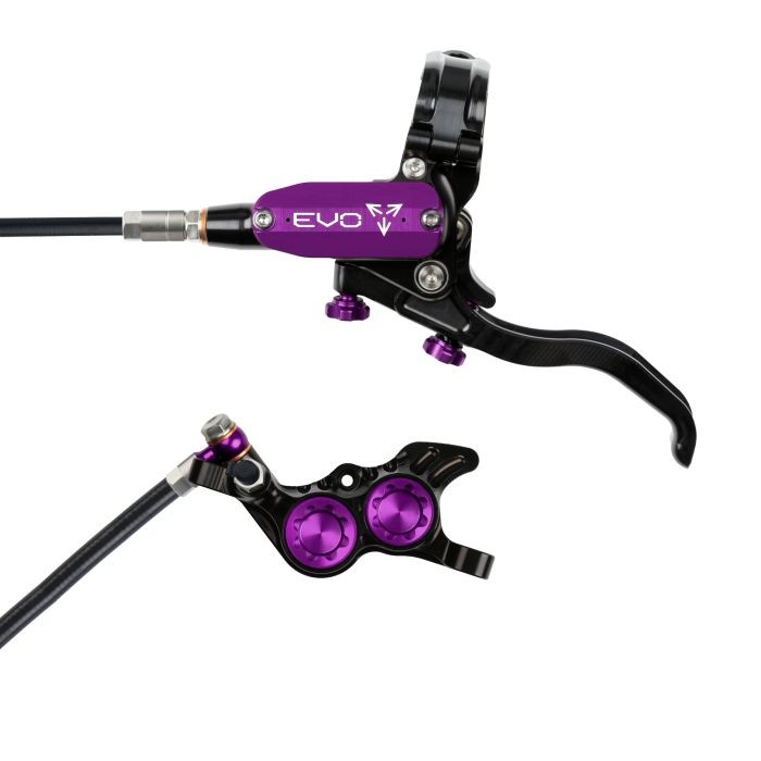 Hope Tech 4 EVO GR4 hydraulic disc brake in black and purple, featuring a sleek lever, adjustable knobs, and a braided hose for enhanced performance.