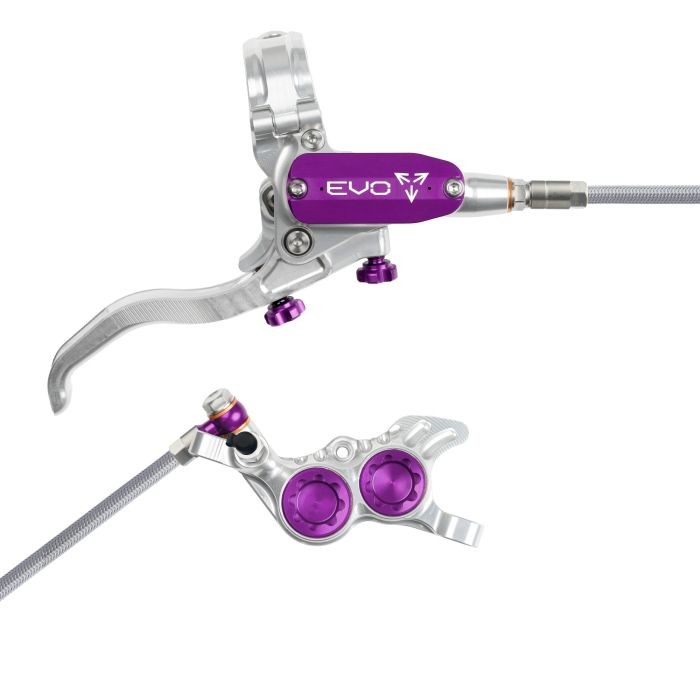 Silver hydraulic disc brake with a purple lever and accents, featuring a braided hose and an ergonomic design, ideal for front right-hand installation.