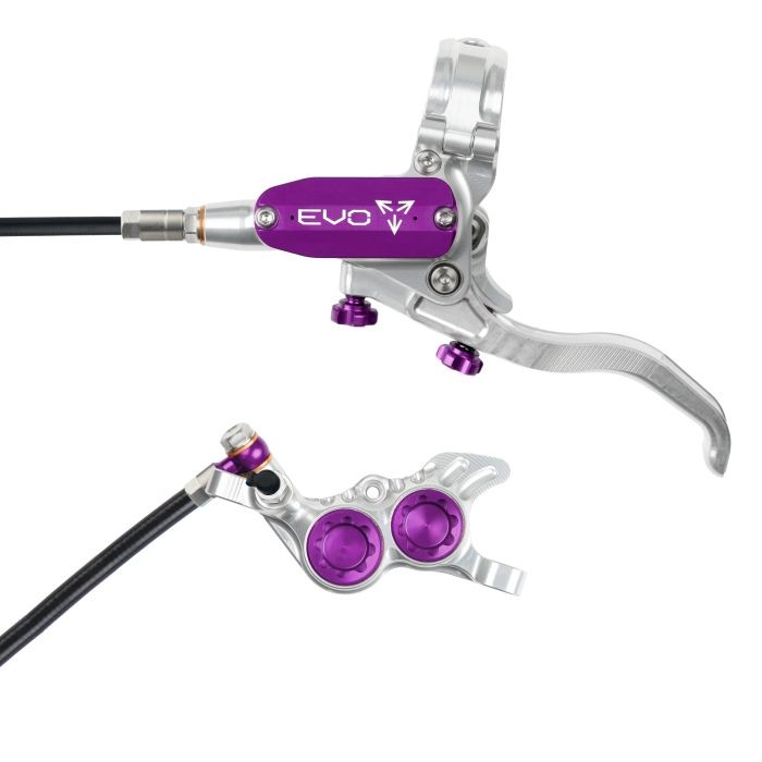 Silver hydraulic disc brake with a purple lever and accents, featuring a sleek design, adjustable reach, and a braided hose, designed for rear left-hand use.