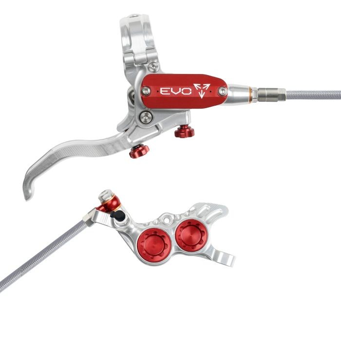 Hope Tech 4 EVO GR4 hydraulic disc brake features a silver lever and red accents, with a braided hose and dual red adjustment knobs, designed for front right-hand use.