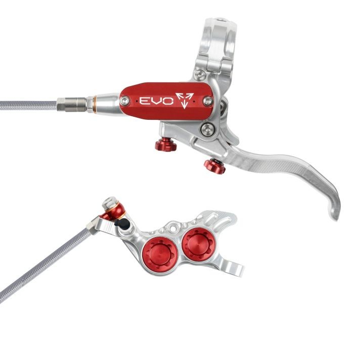 Hope Tech 4 EVO GR4 hydraulic disc brake in silver and red, featuring a braided hose, adjustable lever, and dual-piston caliper for enhanced braking performance.