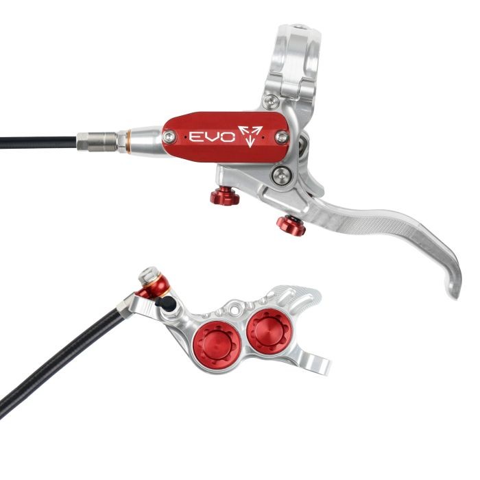Hope Tech 4 EVO GR4 hydraulic disc brake in silver and red, featuring a sleek lever, adjustable knobs, and a braided hose, designed for rear left-hand use.