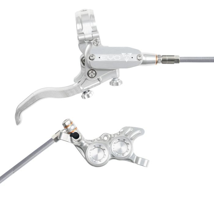 Silver hydraulic disc brake featuring a braided hose, ergonomic lever, and dual piston caliper, designed for front right-hand use.