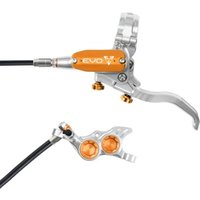 Hope Tech 4 EVO TR4 brakes, silver with orange accents, dual pistons, and black hydraulic hose.
