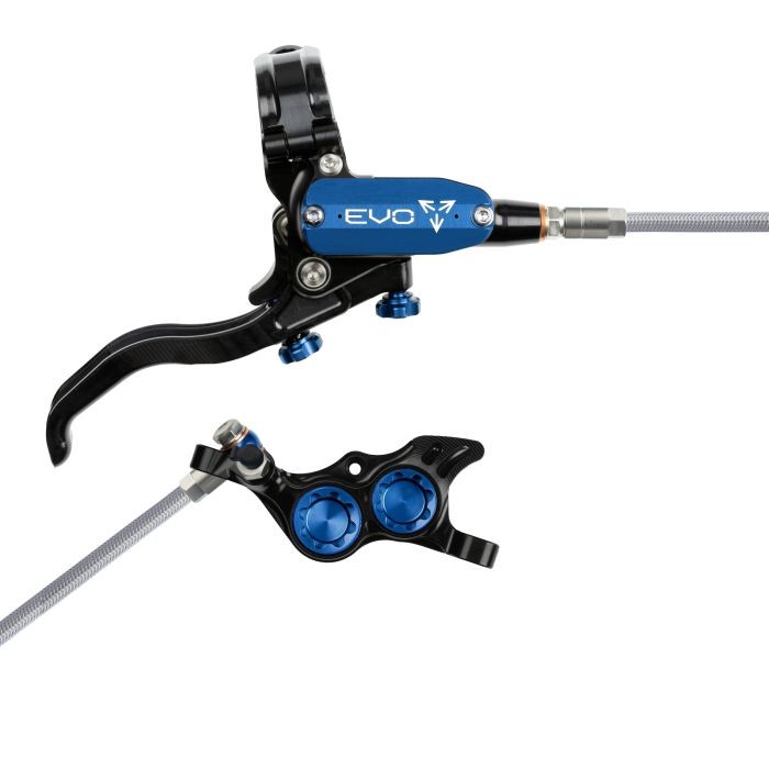 Hope Tech 4 EVO TR4 hydraulic disc brake in black and blue, featuring a braided hose, adjustable lever, and dual blue adjustment knobs for enhanced performance.