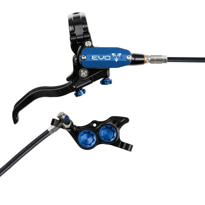 Hope Tech 4 EVO TR4 hydraulic disc brake in black and blue, featuring a sleek lever, adjustable reach, and a compact caliper with dual blue adjustment knobs.