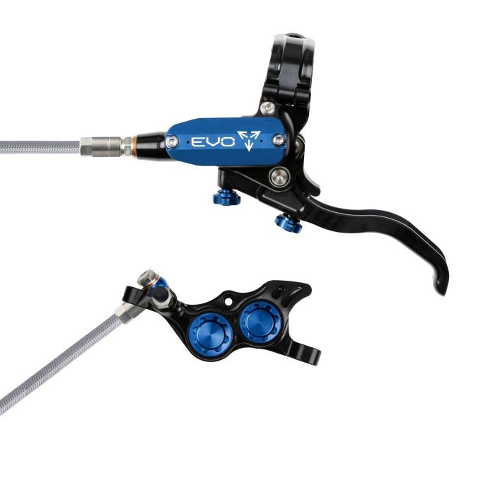 Hope Tech 4 EVO TR4 hydraulic disc brake in black and blue, featuring a braided hose, adjustable lever, and dual dial adjusters for precise modulation, designed for rear left hand use.