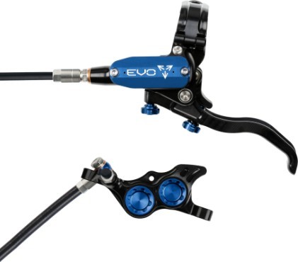 Hope Tech 4 EVO TR4 hydraulic disc brake in black and blue, featuring a sleek aluminum lever, adjustable reach, and a compact caliper design for rear left-hand installation.