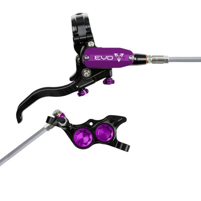 Hope Tech 4 EVO TR4 hydraulic disc brake in black and purple, featuring a braided hose, ergonomic lever, and adjustable reach with a sleek design.