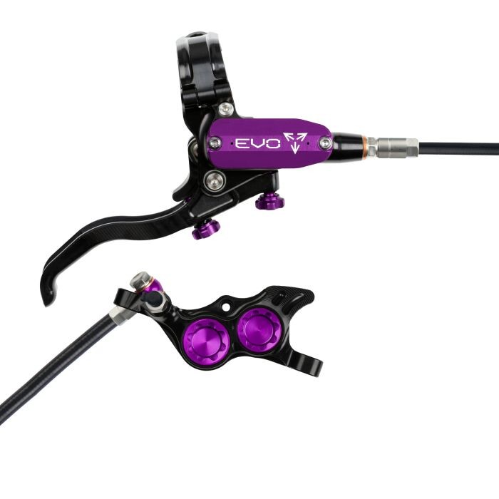Black and purple Hope Tech 4 EVO TR4 hydraulic disc brake featuring a sleek lever design, adjustable reach, and a compact caliper with dual purple adjustment knobs.