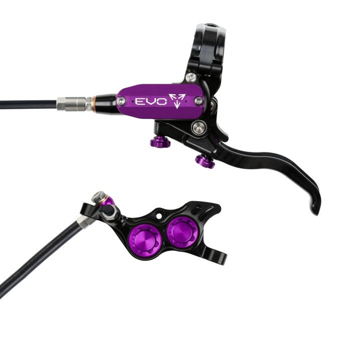 Hope Tech 4 EVO TR4 hydraulic disc brake in black and purple, featuring a sleek lever, adjustable reach, and a compact caliper design for rear left-hand installation.