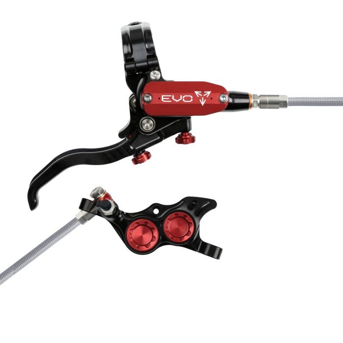 Hope Tech 4 EVO TR4 hydraulic disc brake in black and red, featuring a braided hose, adjustable lever, and dual red adjustment knobs for precise brake modulation.