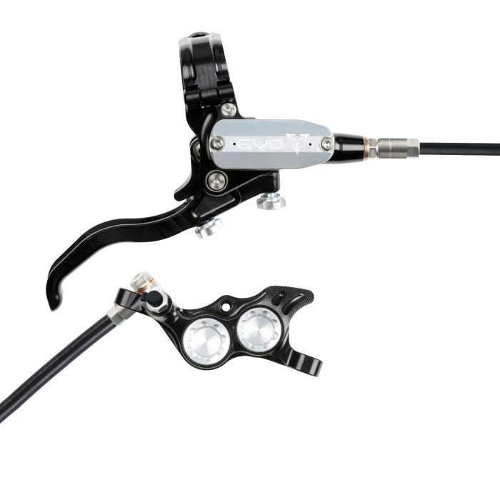Hope Tech 4 EVO TR4 hydraulic disc brake in black and silver, featuring a sleek lever design, adjustable reach, and dual piston caliper with a braided hose for enhanced performance.