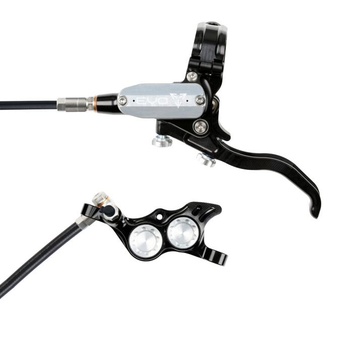 Black and silver Hope Tech 4 EVO TR4 hydraulic disc brake featuring a sleek lever, two fluid reservoirs, and a braided hose, designed for rear left-hand installation.
