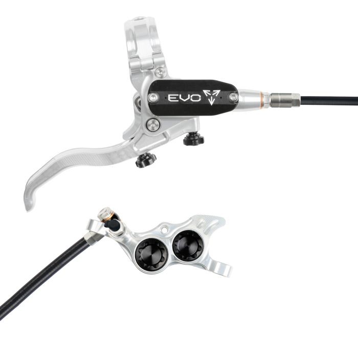 Hope Tech 4 EVO TR4 hydraulic disc brake in silver and black, featuring a sleek lever, adjustable reach, and a dual piston caliper design with a braided hose.