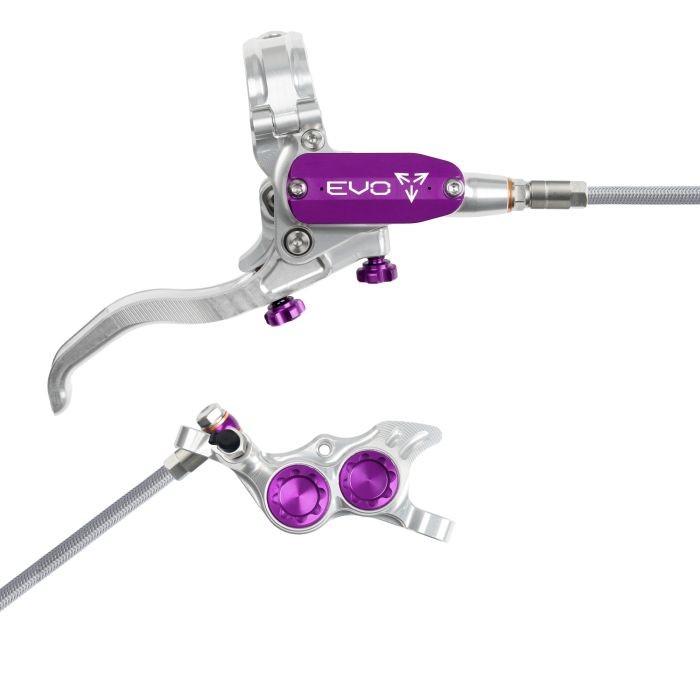Silver hydraulic disc brake with purple accents, featuring a braided hose, adjustable lever, and dual piston caliper, designed for front right-hand use.