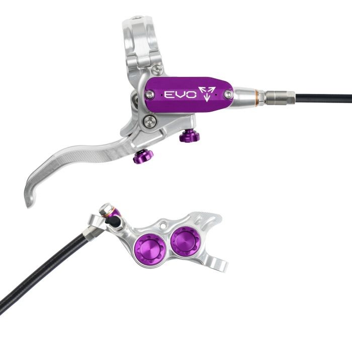 Silver hydraulic disc brake with a purple lever and accents, featuring an ergonomic design, adjustable reach, and a sleek finish, ideal for front right-hand use.