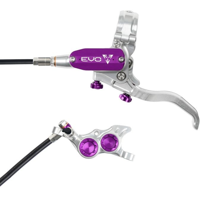 Silver and purple Hope Tech 4 EVO TR4 hydraulic disc brake featuring a sleek lever, adjustable reach, and a compact caliper design, intended for rear left-hand use.