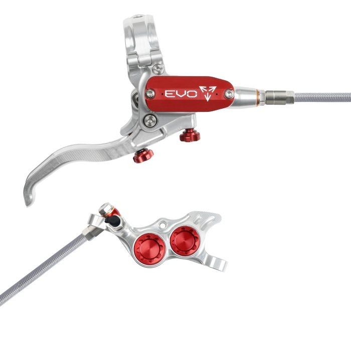 Silver and red Hope Tech 4 EVO TR4 hydraulic disc brake featuring a braided hose, ergonomic lever, and adjustable reach with red anodized accents.