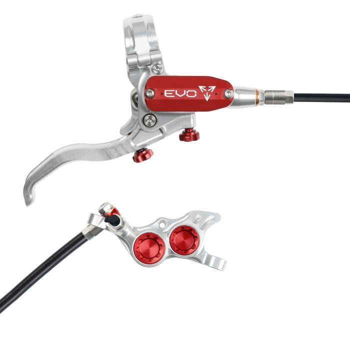 Hope Tech 4 EVO TR4 hydraulic disc brake in silver and red, featuring a sleek lever, adjustable reach, and a compact caliper with red accents and a braided hose.